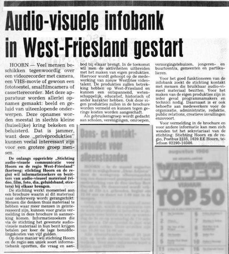 Audio-visuele infobank in West-Friesland gestart. | 1986 Hoorn - Veel mensen beschikken tegenwoordig over een videocamera, een VJS-movie of gewoon een fototoestel, smalfilmcamera of cassetterecorder. Met deze apparatuur worden allerlei opnames gemaakt: beeld en geluid van uiteenlopende onderwerpen. Deze opnames wprden meestal in slechts kleine (huiselijke) kring bekeken en beluisterd. Dat is jammer, want deze 'privproducties' kunnen veelal interessant zijn voor een grotere groep mensen. | De onlangs opgerichte 'Stichting audio-visuele communicatie voor Hoorn en de regio West-Friesland' (kortweg: stichting Hoorn en de regio) wil informatiezoekers en -bezitters van audio-visueel materiaal (video, film, foto, dia, geluidsband, etcetra) bij elkaar brengen.